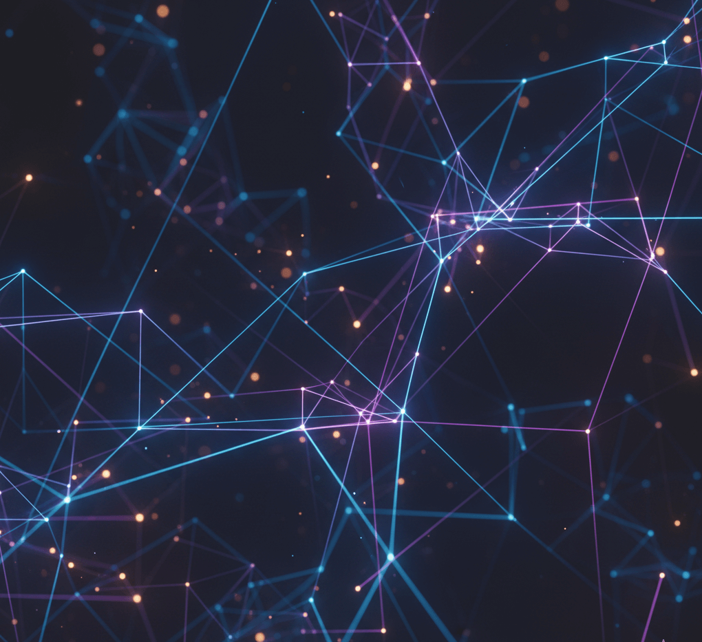 Abstract network of glowing blue and pink lines and nodes on a dark background, representing technology and data connections.